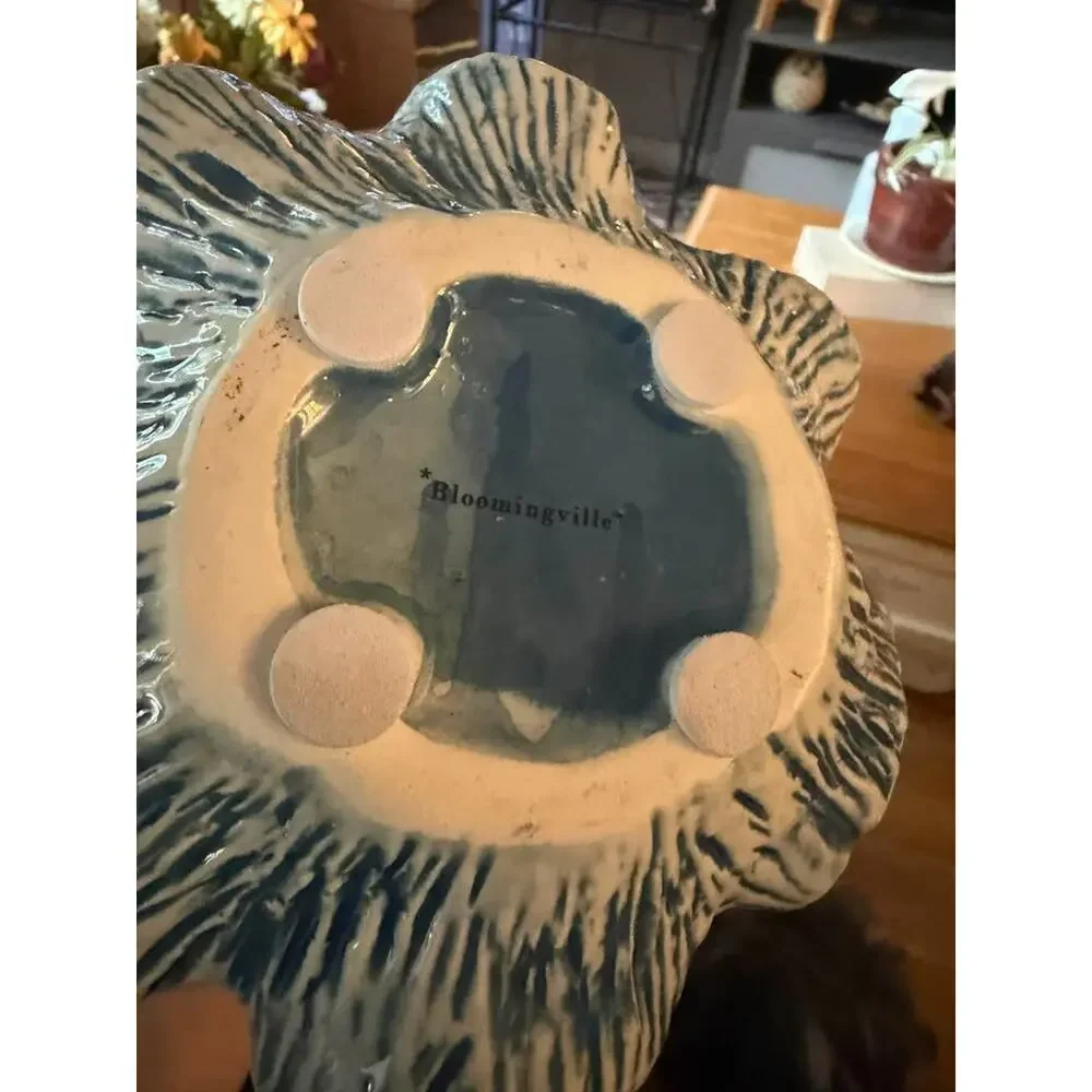 Bloomingville Sculptural Blue & White Ceramic Leaf Vase